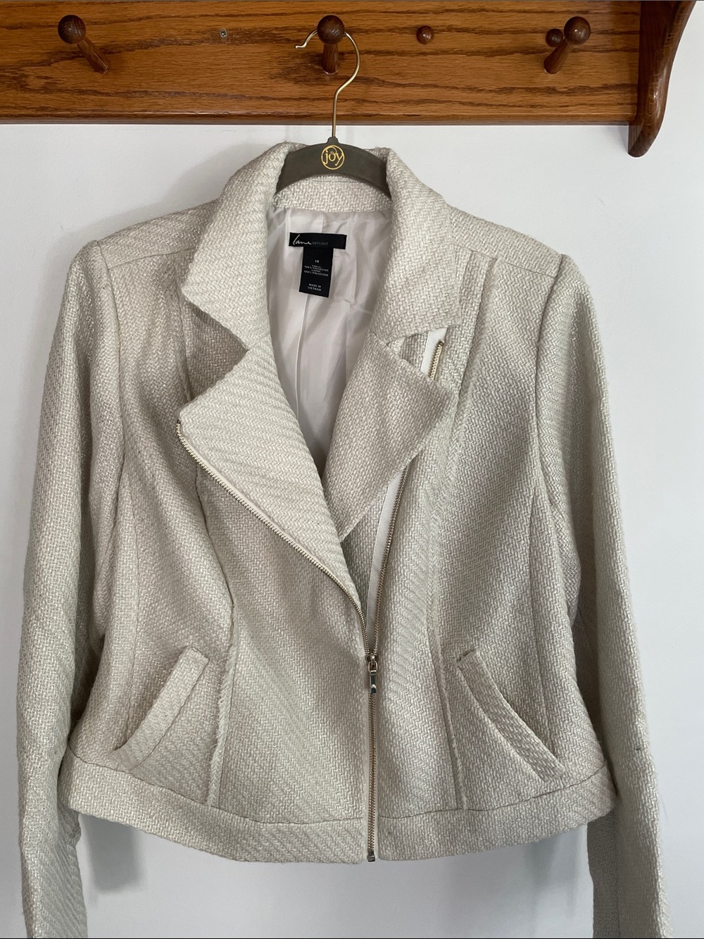 Lane Bryant Cream Textured Moto-Style Zip Jacket